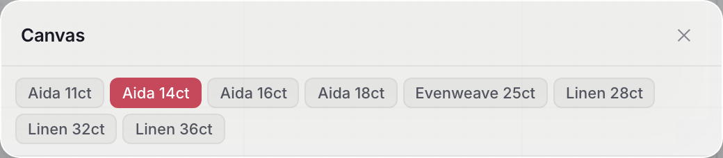 Picking the fabric in the ixo editor — Aida 11–18, evenweave, linen