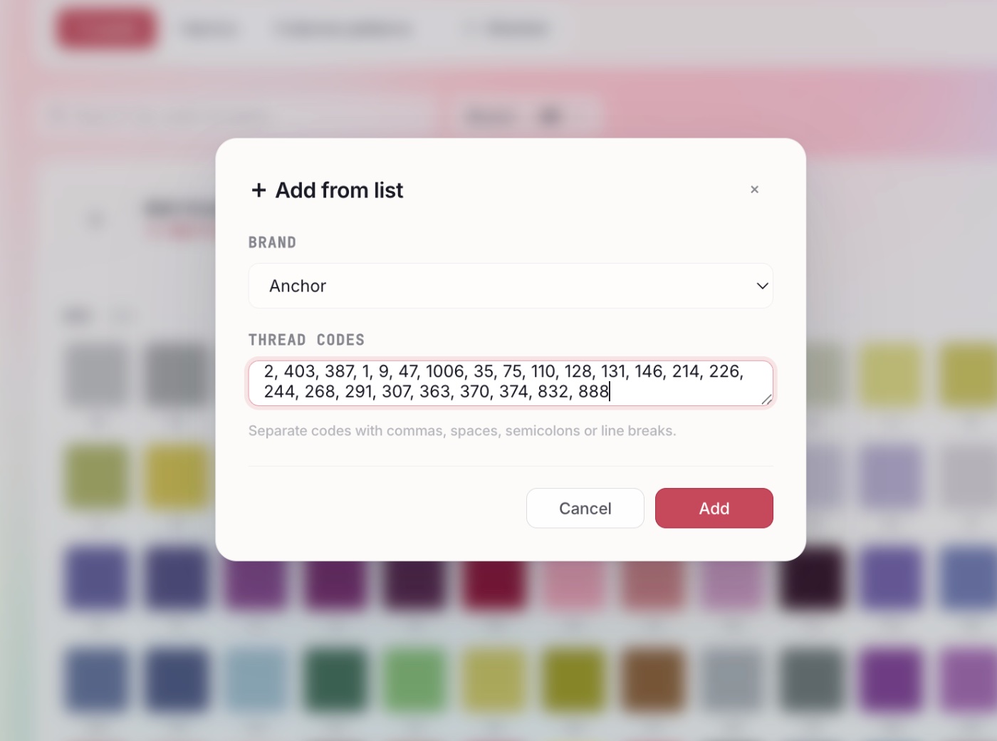 The 'Add in bulk' modal: Anchor selected as the brand, with a batch of comma-separated floss codes in the field