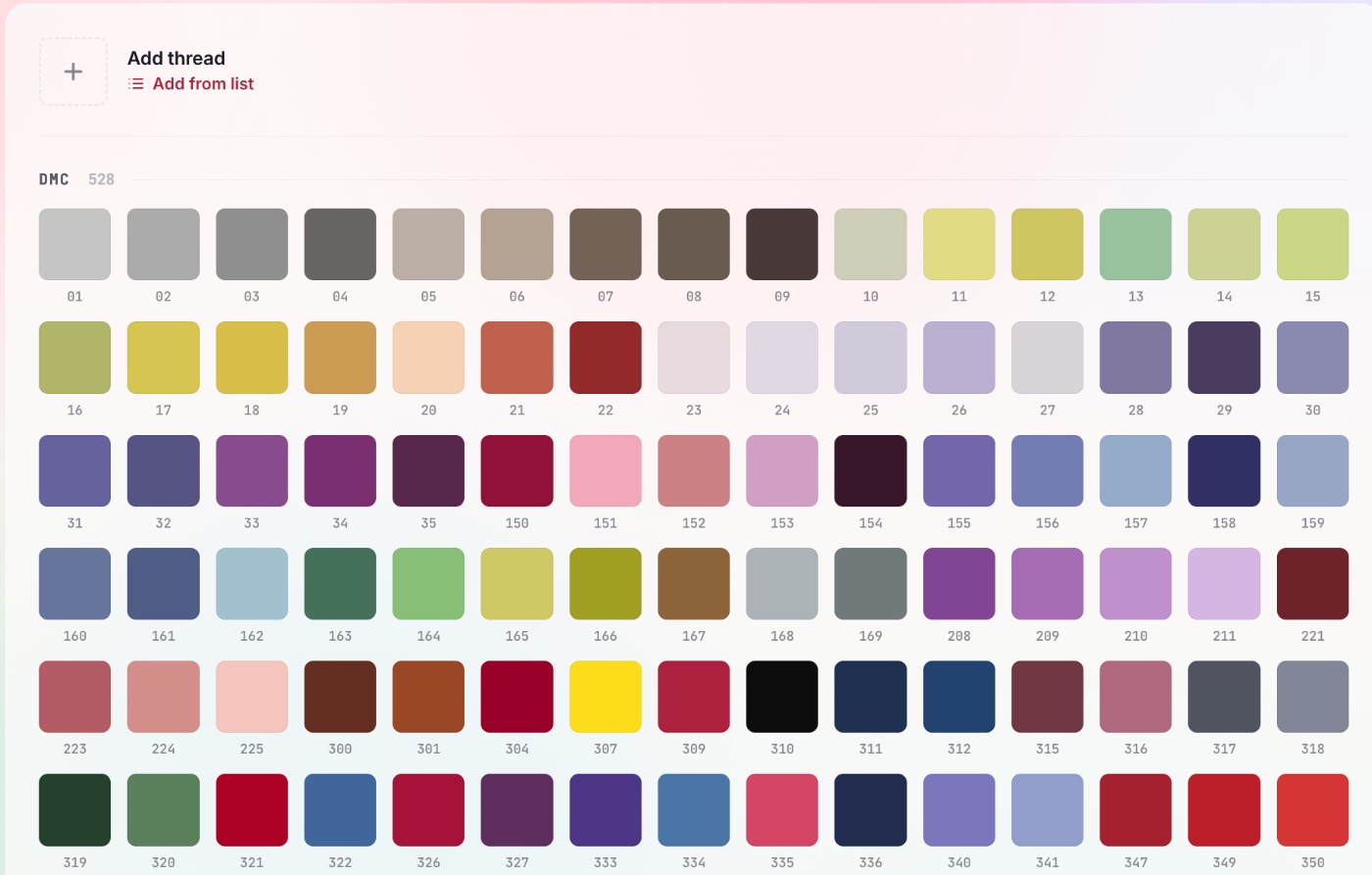 The cross stitch floss stash inventory in ixo: a dense grid of DMC colour swatches with the code under each skein