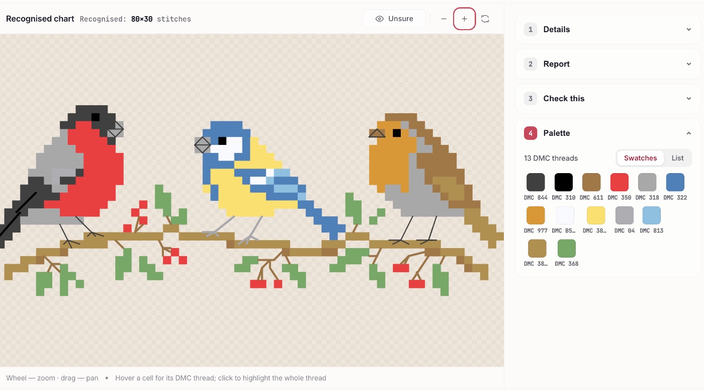 The result of PDF recognition: a chart of three bullfinches on a branch, 80×30 stitches, beside its palette of 13 DMC threads