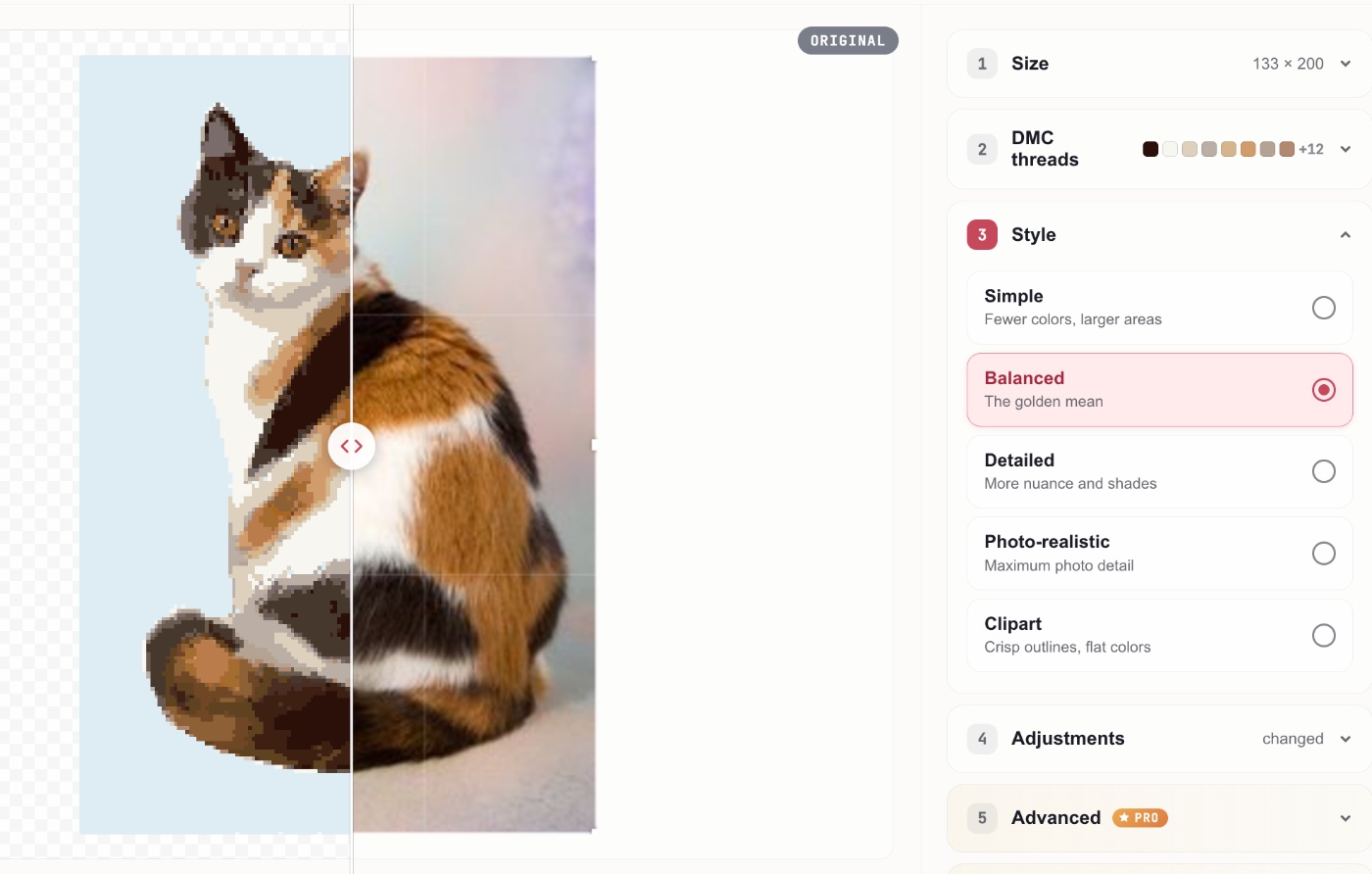 Turning a photo into a cross stitch pattern: a photo of a cat rendered as stitches in DMC floss on the left, the original shot on the right