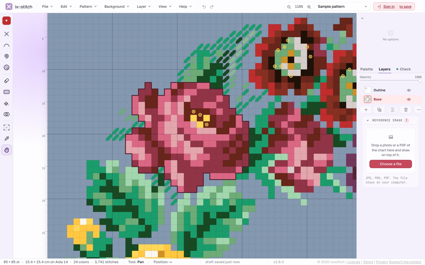A rose from the wreath outlined in dark backstitch around the petals only, without the leaves; an Outline layer has appeared in the Layers panel