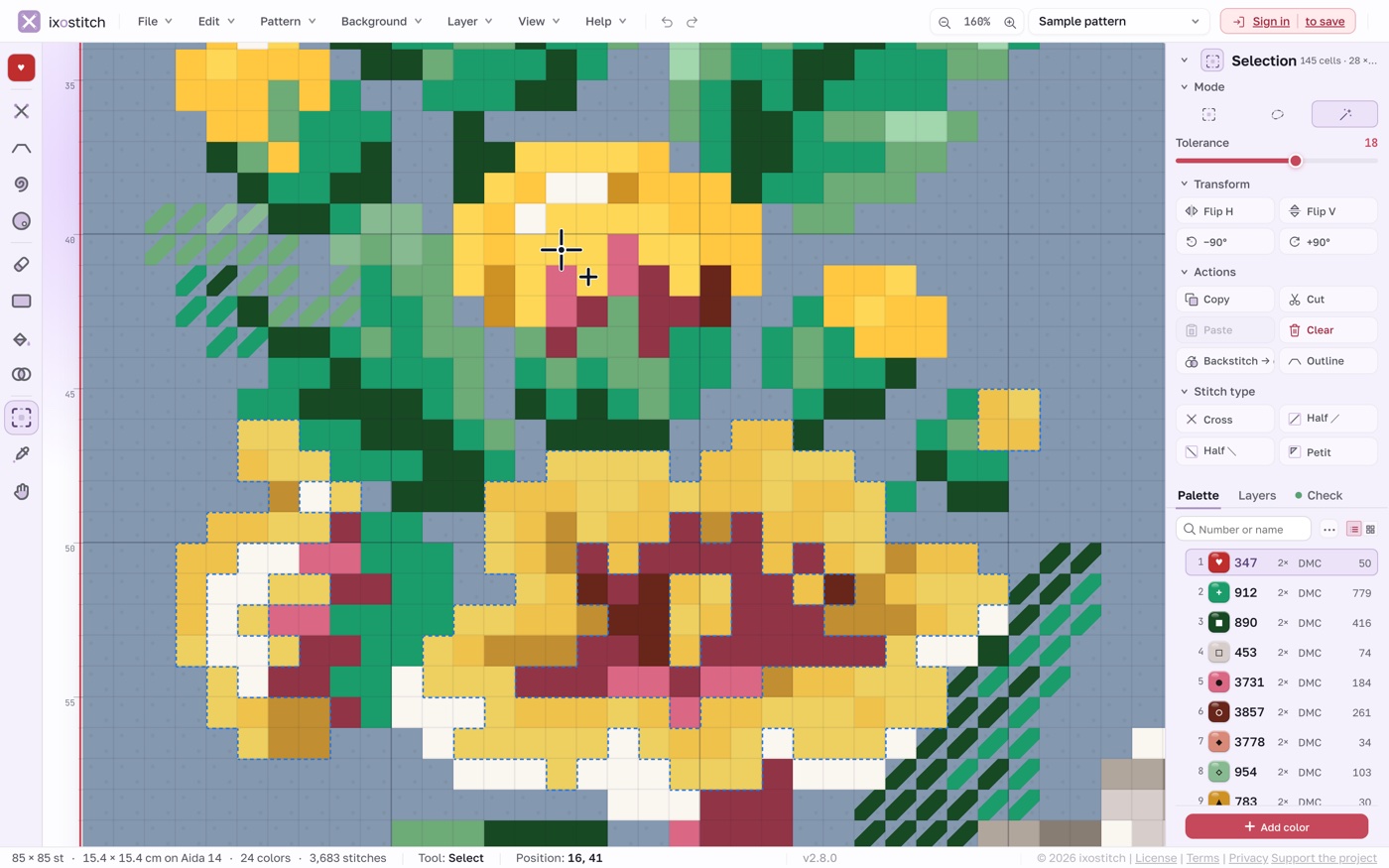 The magic wand has selected the large yellow pansy in the wreath; the cursor with a plus sign hovers over the next yellow flower, ready to add it with Shift