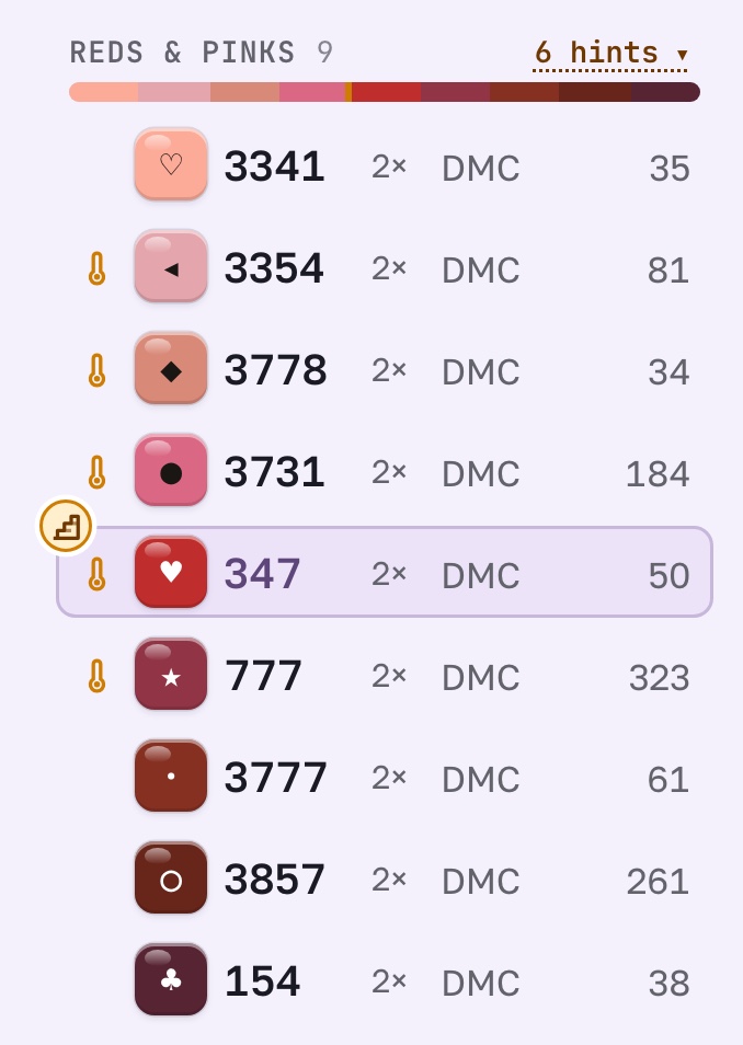 The Reds and pinks family in Shade runs mode: a mini strip of shades from light to dark, thermometers next to shades warmer or cooler than their neighbors, and a stair before 347 for a jump in lightness
